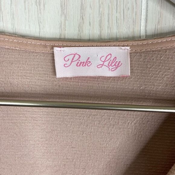 Pink Lily Faux Wrap Mini Dress Long Sleeve Ribbed Velour Blush Pink Size Medium - Picture 3 of 6